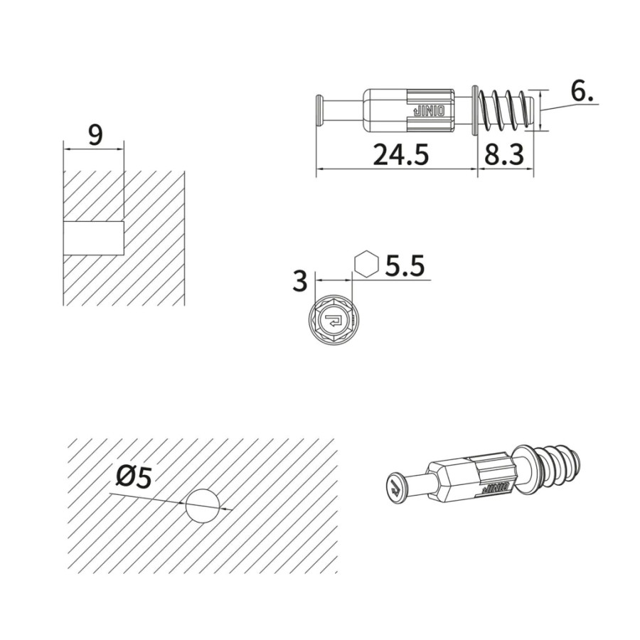 Болт эксцентрика J6-8, L=32,8мм, d=5мм, евровинт, металл/пластик, Jinio