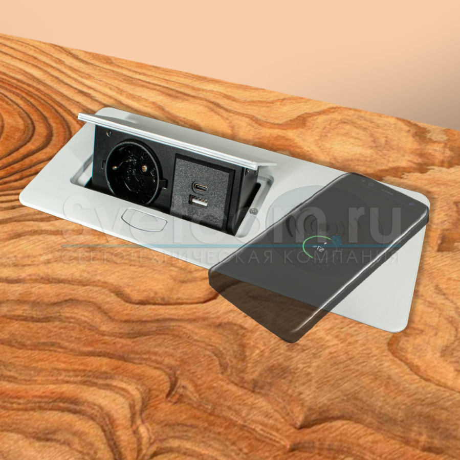 Горизонтальная, 1хEURO+2хUSB A+C+Qi, полуавтомат, белый, 265х118х68мм, металл/пластик, GLS