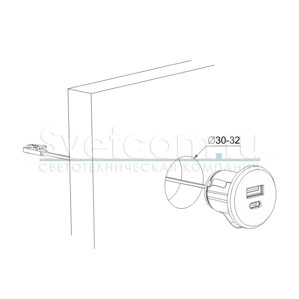 Встраиваемая 2хUSB A+C, 5В/3А (2х3.0А), вход 12В, Ø37мм, серебро, IP20, GLS