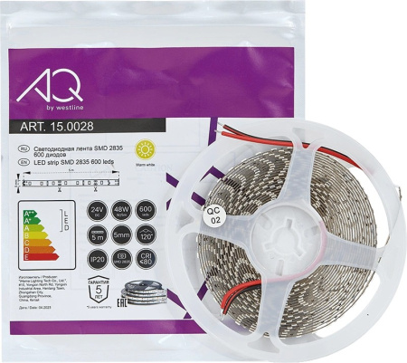 Лента  5х5000мм, SMD 2835, 24В, теплый, 9.6 Вт/м, 120 диодов/м, 1 350 Лм/м, IP20, AQ