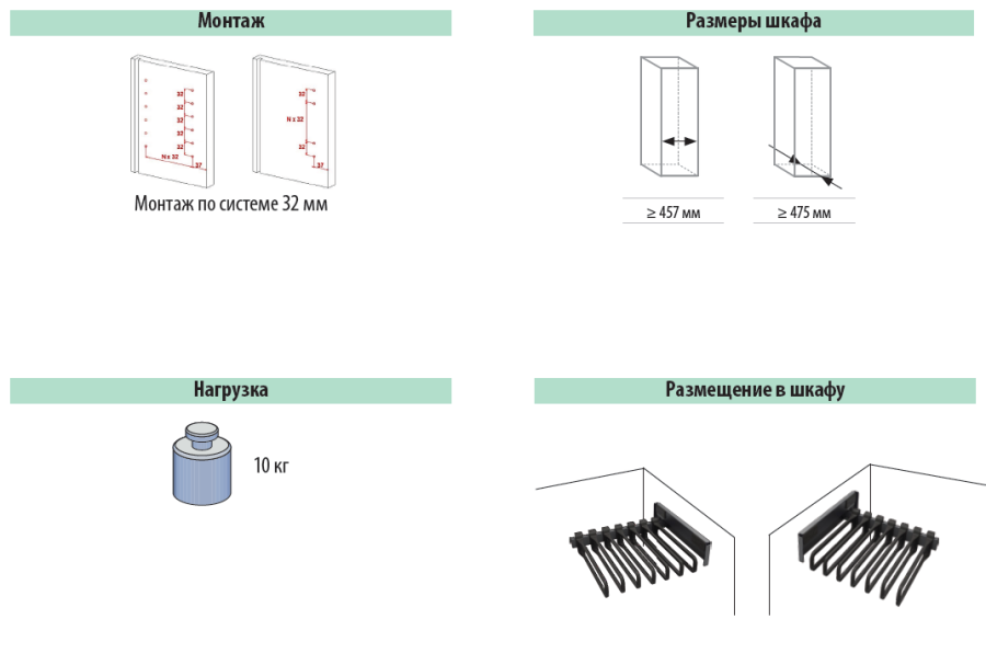 Вешалка для брюк Конеро, W 457мм, D475мм, выдвижная, в шкаф на 500мм, 7 вешалок, черный, Kessebohmer