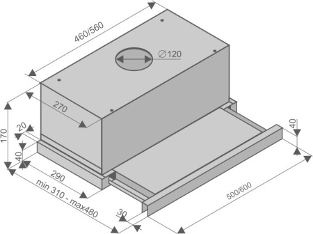 Вытяжка встраиваемая телескопическая Helena II, 50 см, б/уг. фильтра, белый, Konigin