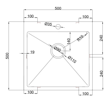 Мойка Онега 50, 500х500х220мм, нержавеющая сталь SUS 304, 1 отверстие, брашированная сталь, HISSEN