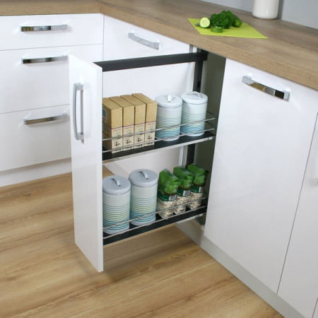 Корзина 200мм, 2 яруса, боковое левое, полки МДФ, хром/графит, с направляющими, Cargo, Reis