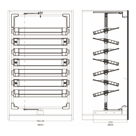 Обувница поворотно-выдвижная, 800мм, 718х360х1525–1425 мм, 8 уровней, алюминий/пластик, коричневый