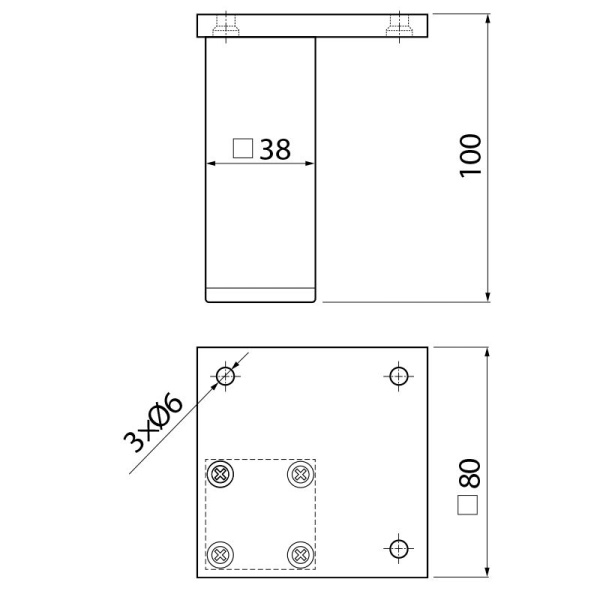 Опора нерегулируемая, 38х38мм, h=100мм, алюминий, GTV