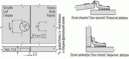 GTV Петля внутренняя, с планкой 2мм, БЕЗ доводчика, БЕЗ еврошурупа, 45мм