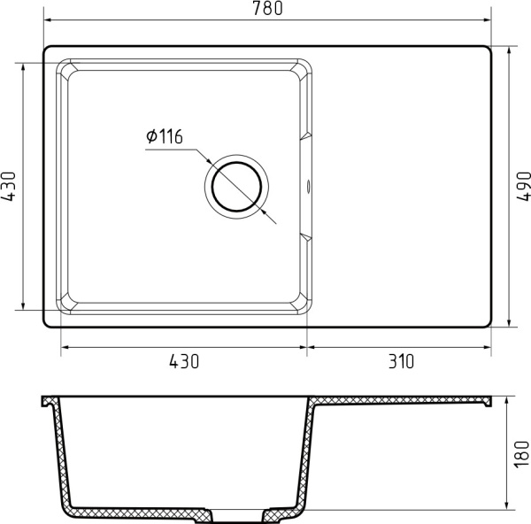 Мойка GranFest URBAN 678L, 780х490 мм, темно-серый