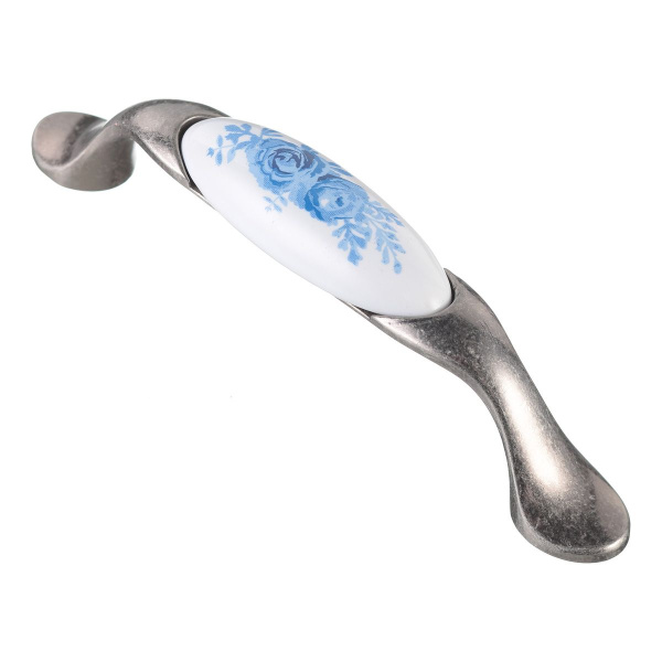 Ручка-скоба, UP-WP0728-PA-07, 96мм, металл/керамика, античное серебро/белый с орнаментом (синий)