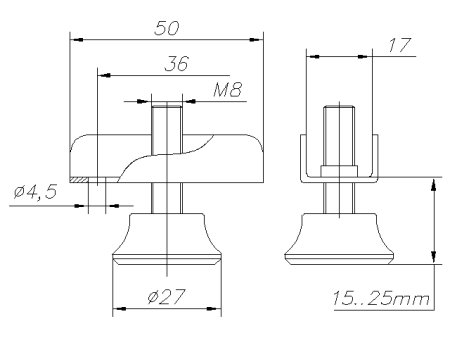Опора регулируемая М8 с металлической скобой под плиту 16мм и пяткой Ø27 мм, светло-серый