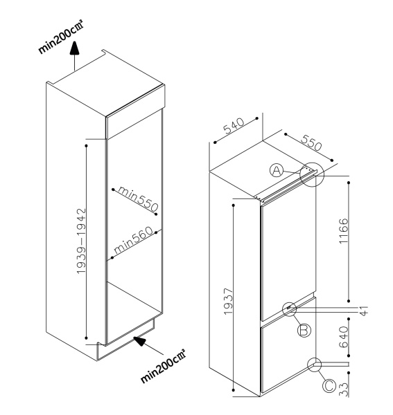 Холодильник встраиваемый двухкамерный LBI193.2ID, Lex