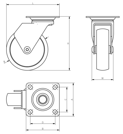 Опора колесная с площадкой, d=50мм, без стопора, пластик, черный, до 40кг, GTV