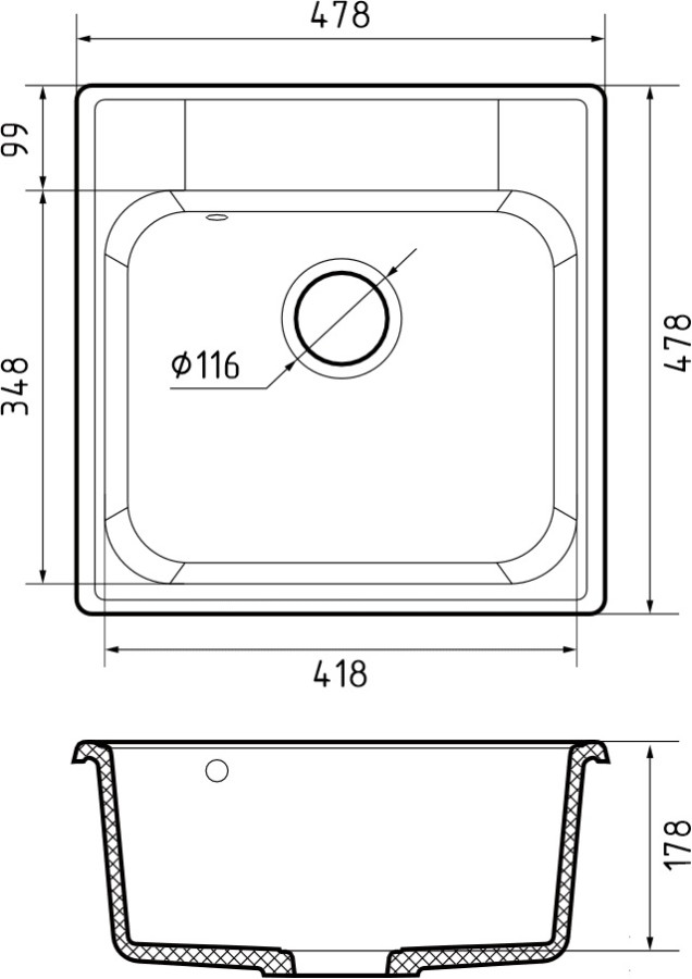 Мойка ЭкоМ 4848, 480х480мм, кварц, черный (без сифона)