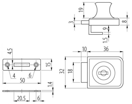 Замок для стекла одинарный + плоская ответная планка, хром