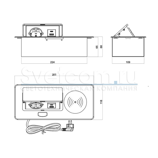 Горизонтальная, 1хEURO+2хUSB A+C+Qi, полуавтомат, белый, 265х118х68мм, металл/пластик, GLS