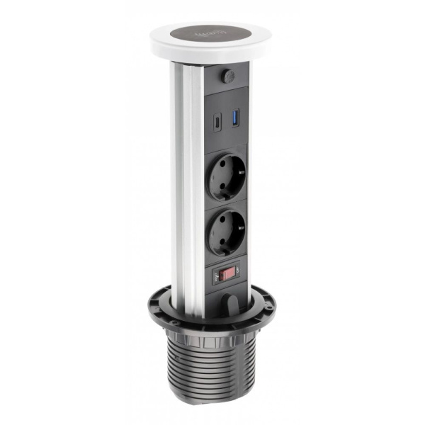 Вертикальная, 2хEURO+2хUSB A+C+беспроводная зарядка 10Вт+светильник, Ø 80мм, ручное выдвижение, пластик, белый/черный, GTV