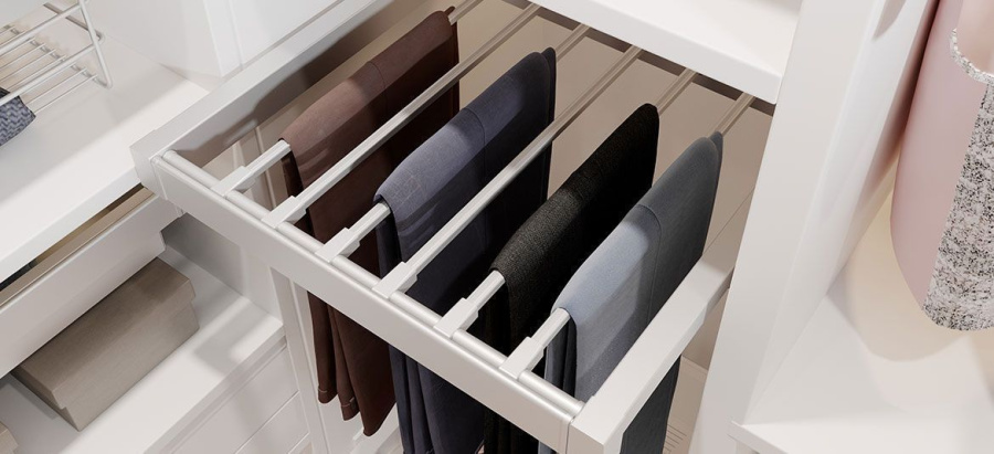 Вешалка для брюк в шкаф на 800мм, 490х725х55, с доводчиком, полное выдвижение, белый, GTV