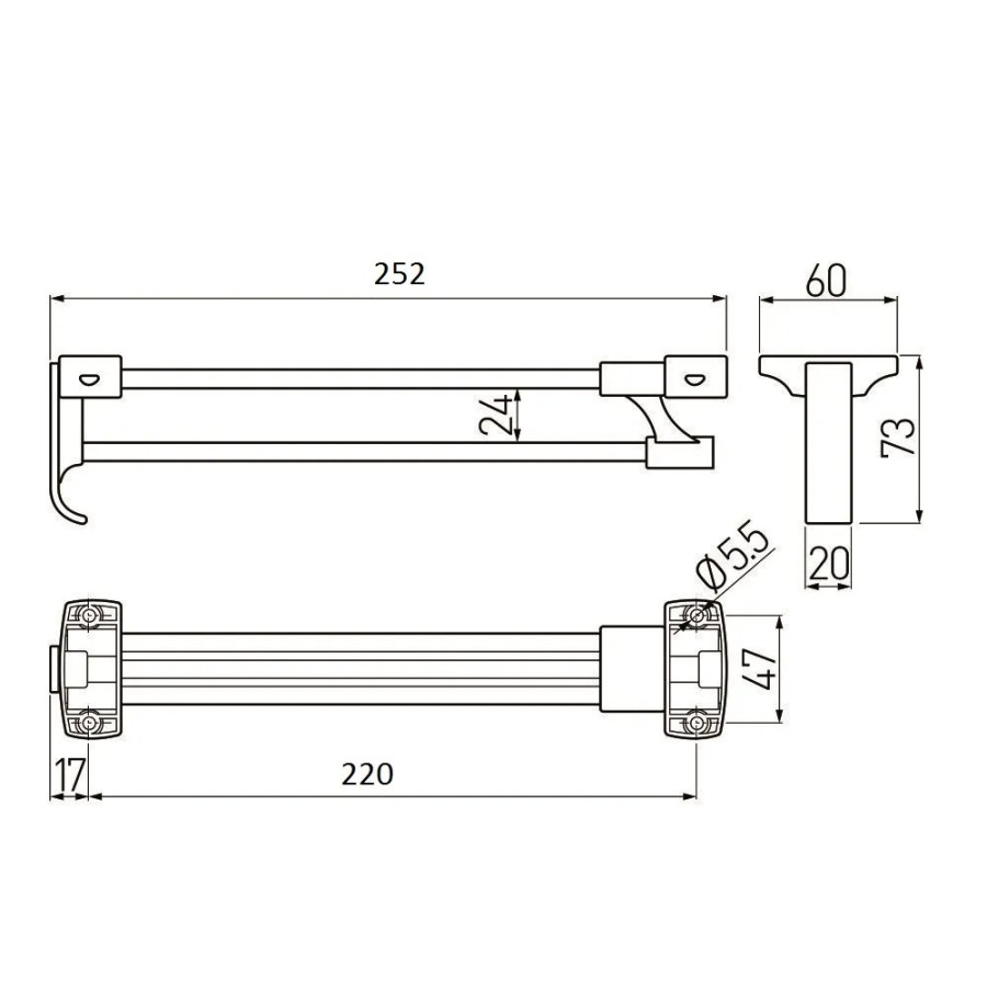 Штанга выдвижная, 250мм, сталь/пластик, хром/черный, GTV