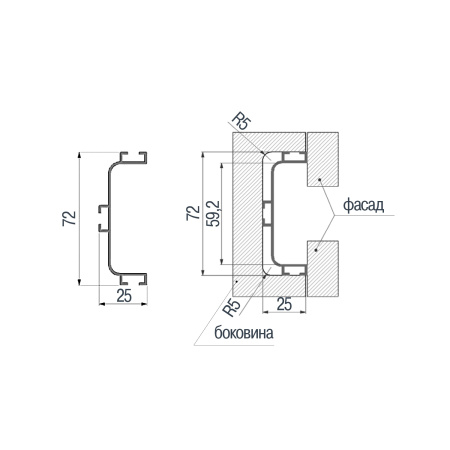 Ручка-профиль для среднего ящика, 80/G1.3AL.28, h=72мм L=4,2м, шлифованная медь
