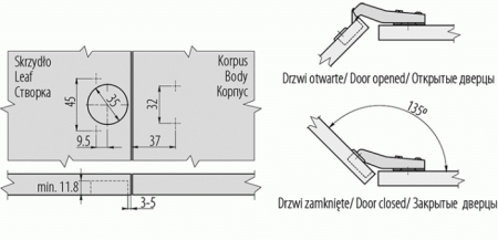 GTV Петля 45*, с планкой 0мм, с доводчиком, с еврошурупом, 45мм