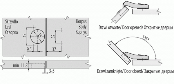 GTV Петля 45*, с планкой 0мм, с доводчиком, с еврошурупом, 45мм