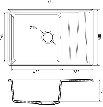 Мойка GranFest LEVEL 760L, 760х500 мм, кашемир