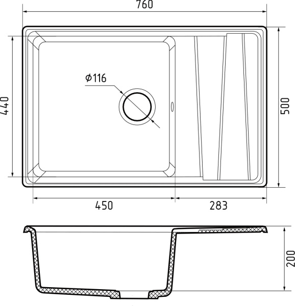 Мойка GranFest LEVEL 760L, 760х500 мм, кашемир