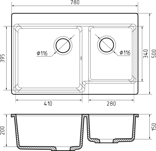 Мойка GranFest LEVEL 780K, 780х500 мм, иней