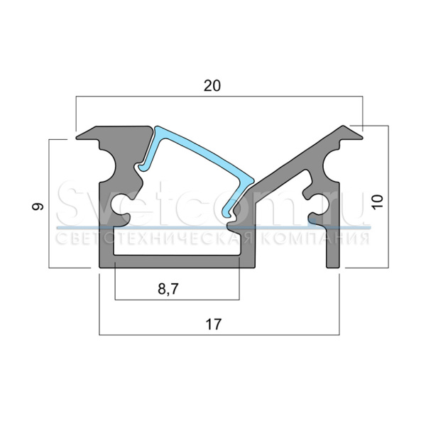 Профиль врезной угловой 20х10х2000мм, лента ≤8мм, алюминий (диффузор, 2+2 заглушки)