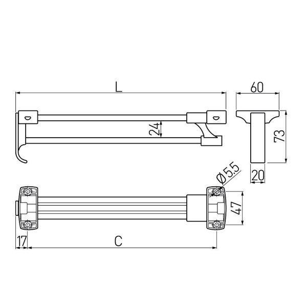 Штанга выдвижная, 250мм, сталь/пластик, хром/черный, GTV