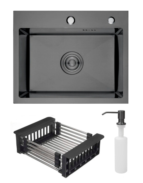 Мойка врезная Ладога 50, 500х400х220мм, нерж. сталь SS201, черный PVD, дозатор+корзина, CMF