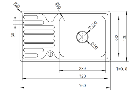 Мойка врезная, 760х420х180х0,8мм, глянец, универсальная+сифон, CMF