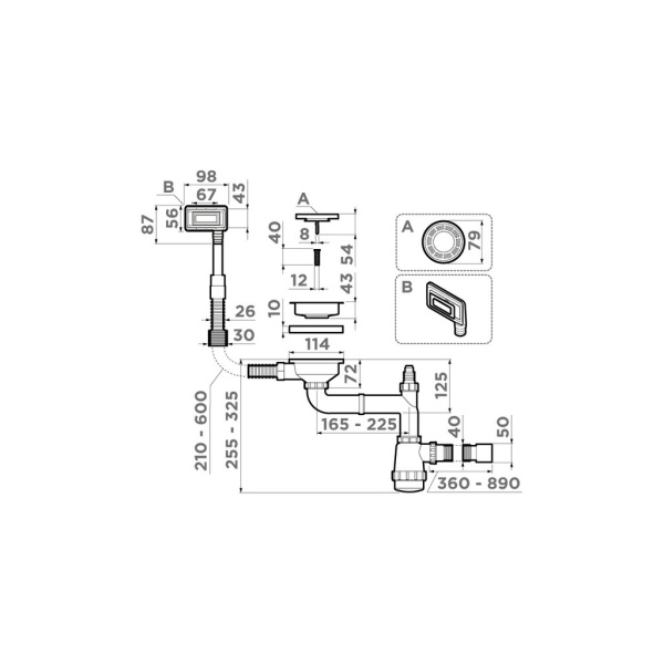 Арматура для одночашевых моек WK-1-UN-GM, универс. прямоуг. перелив, вороненая сталь
