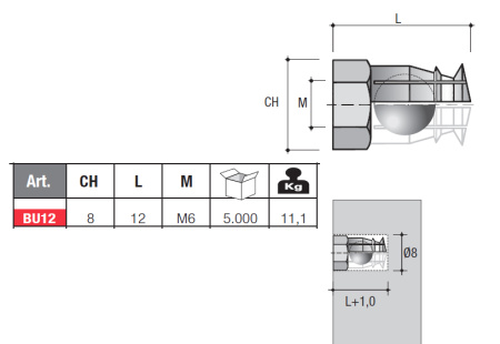 Футорка распорная, M6, 8х12мм, с акриловым шариком, латунь
