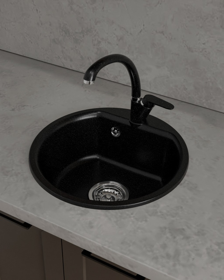 Мойка ЭкоМ М-435, d=435мм, мрамор, черный (без сифона)