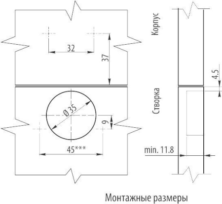 GTV Петля накладная, с планкой 0мм, БЕЗ доводчика, БЕЗ еврошурупа, 45мм