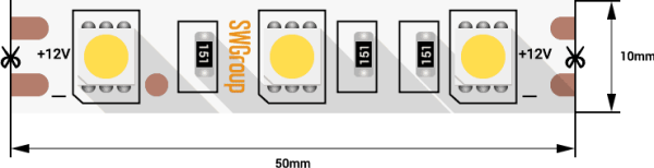 Лента 10х5000мм, SMD 5050, 12В, нейтральный, 14,4 Вт/м, 60 диодов/м, 750 Лм/м, IP20, SWG