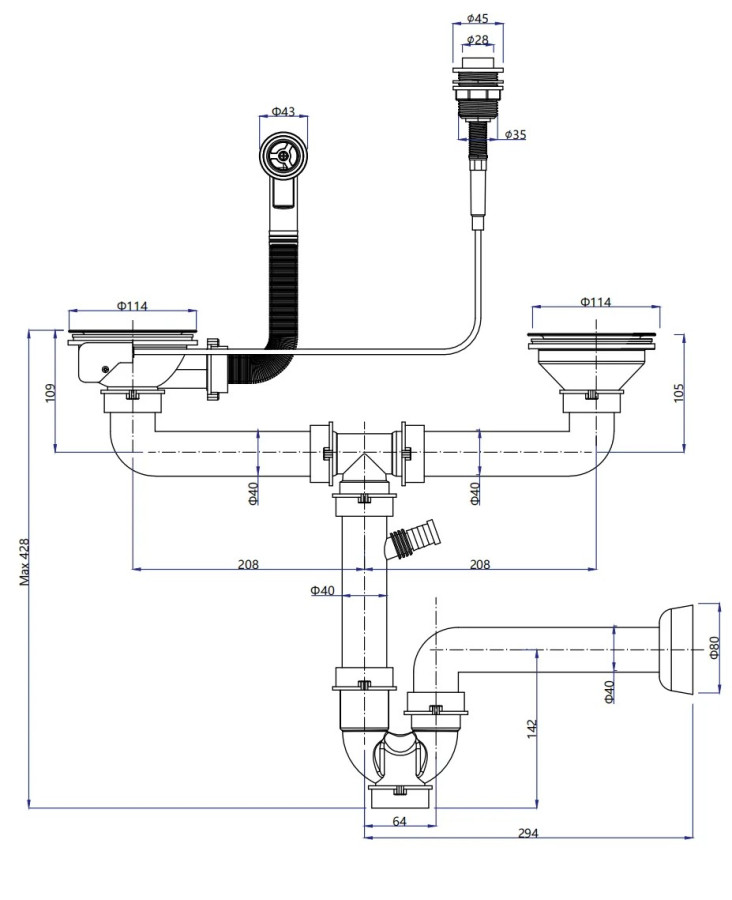 Сифон двойной 3 1/2" полуавтоматический с круглым переливом и отводом, черный