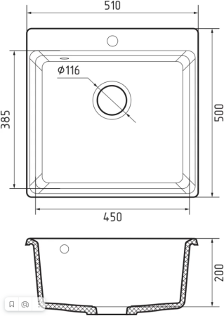 Мойка GranFest LEVEL 510, 510х500 мм, иней