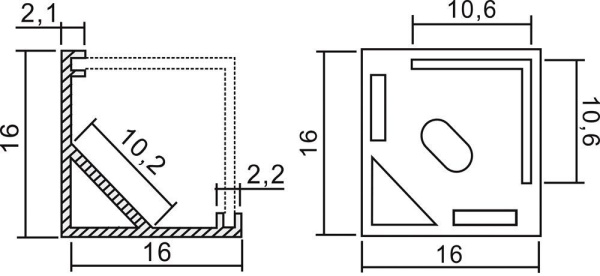 Профиль накладной угловой 16х16х2000мм, квадрат, лента ≤10мм, алюминий (диффуз.+загл.+крепеж), SP281