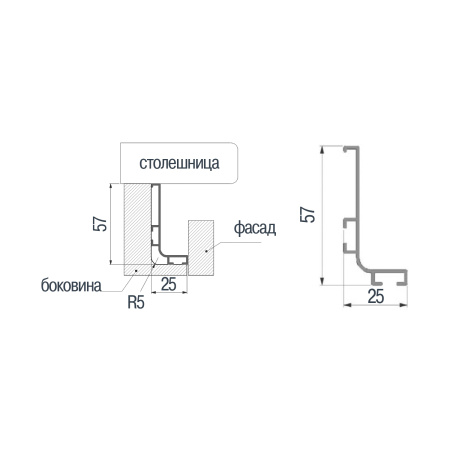 Ручка-профиль для верхнего ящика, 80/G1.2AL.28, h=57мм L=4,2м, шлифованная медь