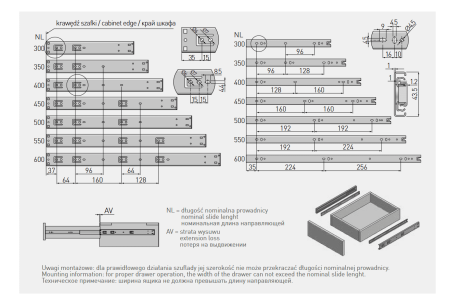 Направляющие полновыкатные шариковые, 45х500мм, PUSH TO OPEN, GTV