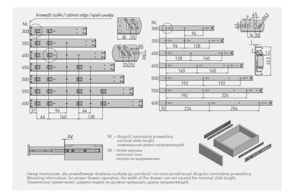 Направляющие полновыкатные шариковые, 45х350мм, PUSH TO OPEN, GTV