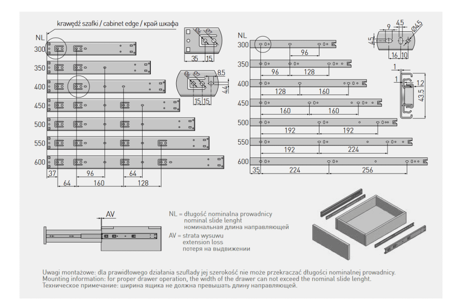 Направляющие полновыкатные шариковые, 45х350мм, PUSH TO OPEN, GTV