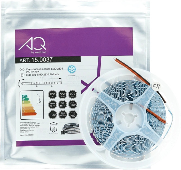 Лента 10х5000мм, SMD 2835, 12В, холодный, 14.4 Вт/м, 180 диодов/м, 1 800 Лм/м, IP20, AQ