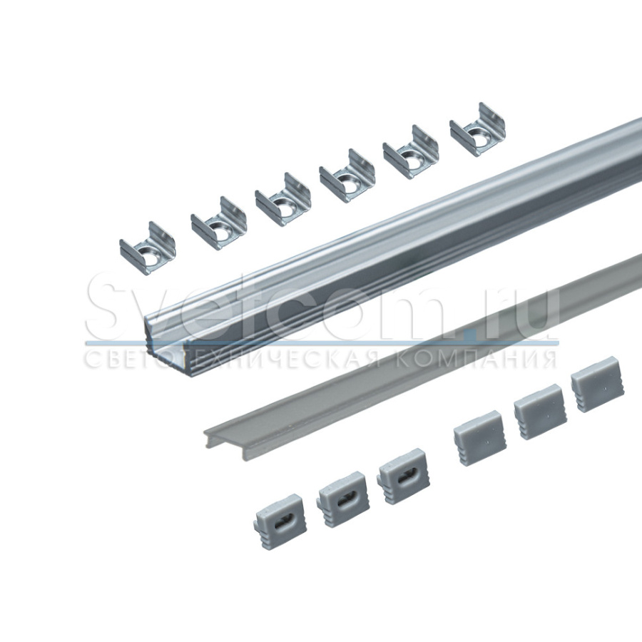 Профиль накладной  8х6х3000мм, лента ≤5мм, алюминий (диффузор полумат., 3+3 заглушки+6 клипс)