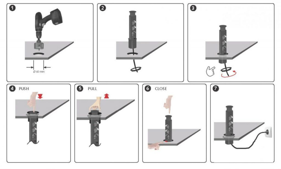 Вертикальная, 3хEURO, Ø 60мм, ручное, пластик, черный, усовое заземл., шнур 1,8м, GLS