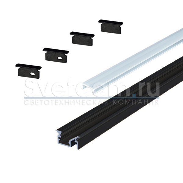 Профиль врезной угловой 20х10х2000мм, лента ≤8мм, черный (диффузор, 2+2 заглушки)