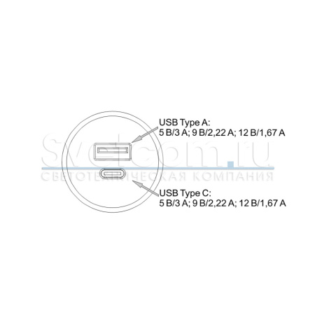 Встраиваемая 2хUSB A+C, 5В/3А (2х3.0А), вход 12В, Ø37мм, серебро, IP20, GLS