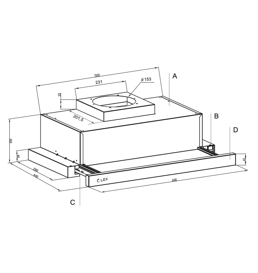 Вытяжка встраиваемая телескопическая HERMES 600 BLACK, 60см, б/угольного фильтра, черный, Lex
